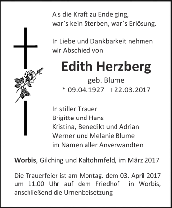 Traueranzeige von Edith Herzberg von Thüringer Allgemeine