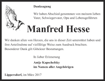 Traueranzeige von Manfred Hesse von Ostthüringer Zeitung