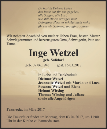 Traueranzeige von Inge Wetzel von Thüringer Allgemeine, Thüringische Landeszeitung