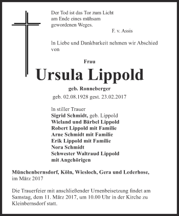 Traueranzeige von Ursula Lippold von Ostthüringer Zeitung