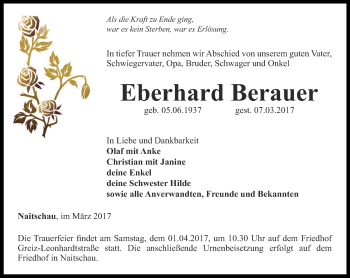 Traueranzeige von Eberhard Berauer von Ostthüringer Zeitung