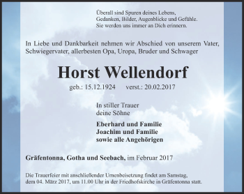 Traueranzeige von Horst Wellendorf von Ostthüringer Zeitung, Thüringische Landeszeitung
