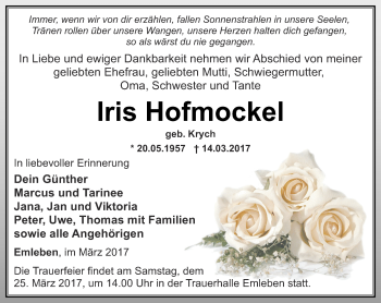 Traueranzeige von Iris Hofmockel von Ostthüringer Zeitung, Thüringische Landeszeitung