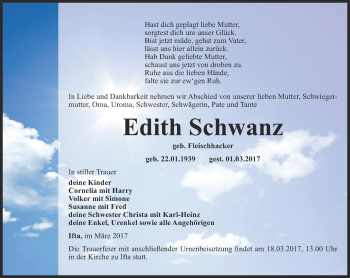 Traueranzeige von Edith Schwanz von Thüringer Allgemeine, Thüringische Landeszeitung