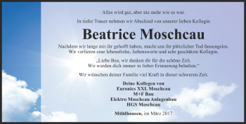 Traueranzeige von Beatrice Moschcau von Thüringer Allgemeine, Thüringische Landeszeitung