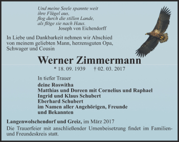 Traueranzeige von Werner Zimmermann von Ostthüringer Zeitung