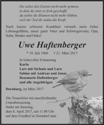 Traueranzeige von Uwe Haftenberger von Ostthüringer Zeitung, Thüringische Landeszeitung