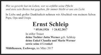 Traueranzeige von Ernst Schleip von Thüringer Allgemeine, Thüringische Landeszeitung