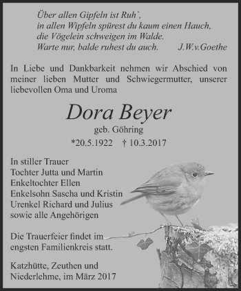 Traueranzeige von Dora Beyer von Ostthüringer Zeitung