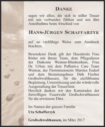 Traueranzeige von Hans-Jürgen Schaffarazyk von Thüringer Allgemeine, Thüringische Landeszeitung