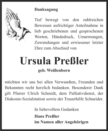 Traueranzeige von Ursula Preßler von Ostthüringer Zeitung, Thüringische Landeszeitung