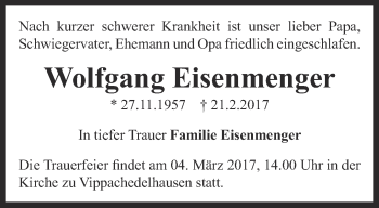 Traueranzeige von Wolfgang Eisenmenger von Thüringer Allgemeine, Thüringische Landeszeitung