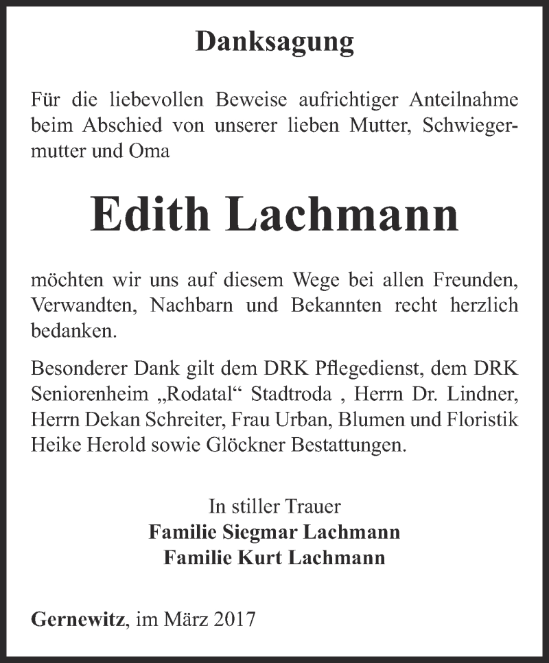  Traueranzeige für Edith Lachmann vom 25.03.2017 aus Ostthüringer Zeitung
