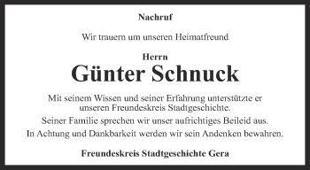 Traueranzeige von Günter Schnuck von Ostthüringer Zeitung