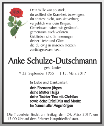 Traueranzeige von Anke Schulze-Dutschmann von Thüringer Allgemeine, Thüringische Landeszeitung