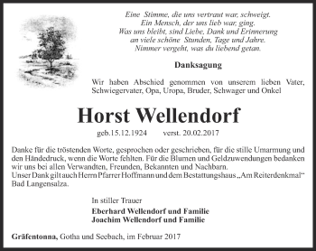 Traueranzeige von Horst Wellendorf von Thüringer Allgemeine, Thüringische Landeszeitung
