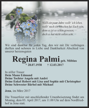 Traueranzeige von Regina Palmi von Ostthüringer Zeitung, Thüringische Landeszeitung