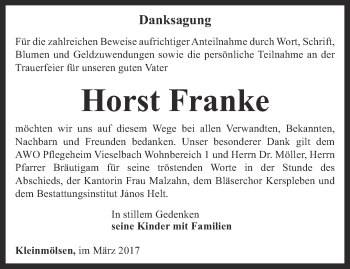 Traueranzeige von Horst Franke von Thüringer Allgemeine, Thüringische Landeszeitung