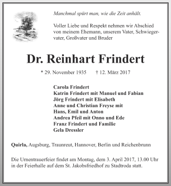 Traueranzeige von Reinhart Frindert von Ostthüringer Zeitung, Thüringische Landeszeitung