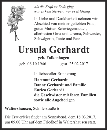 Traueranzeige von Ursula Gerhardt von Ostthüringer Zeitung, Thüringische Landeszeitung