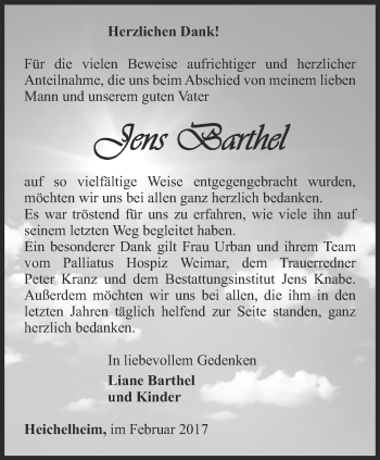 Traueranzeige von Jens Barthel von Thüringer Allgemeine, Thüringische Landeszeitung