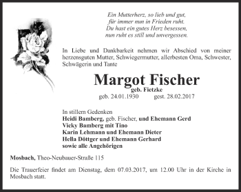 Traueranzeige von Margot Fischer von Thüringer Allgemeine, Thüringische Landeszeitung