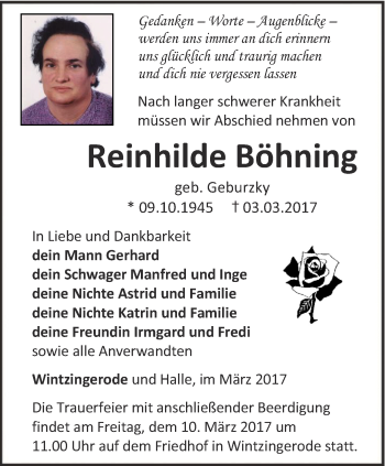 Traueranzeige von Reinhilde Böhning von Thüringer Allgemeine