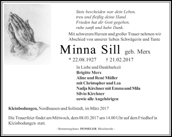 Traueranzeige von Minna Sill von Thüringer Allgemeine