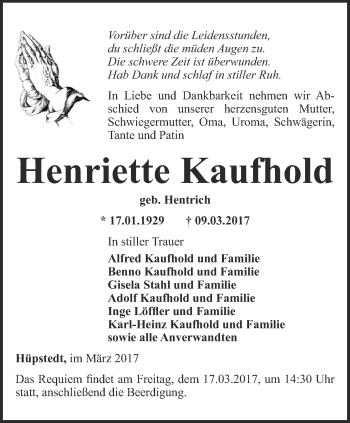 Traueranzeige von Henriette Kaufhold von Thüringer Allgemeine, Thüringische Landeszeitung