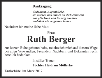 Traueranzeige von Ruth Berger von Ostthüringer Zeitung