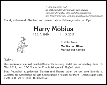 Traueranzeige von Harry Möbius von Ostthüringer Zeitung