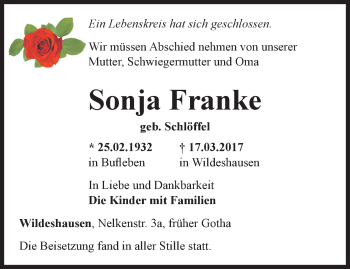 Traueranzeige von Sonja Franke von Ostthüringer Zeitung, Thüringische Landeszeitung