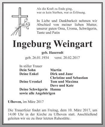 Traueranzeige von Ingeburg Weingart von Thüringer Allgemeine, Thüringische Landeszeitung