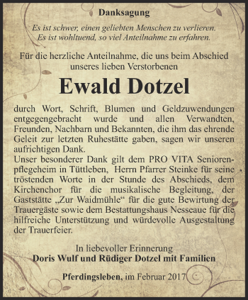 Traueranzeige von Ewald Dotzel von Ostthüringer Zeitung, Thüringische Landeszeitung
