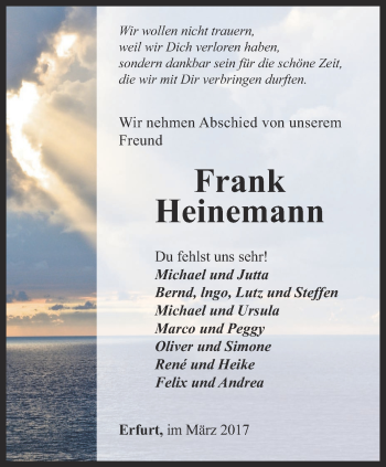 Traueranzeige von Frank Heinemann von Thüringer Allgemeine, Thüringische Landeszeitung