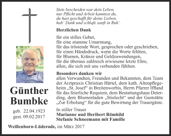 Traueranzeige von Günther Bumbke von Thüringer Allgemeine