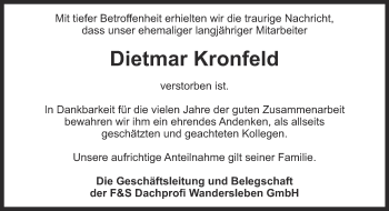 Traueranzeige von Dietmar Kronfeld von Ostthüringer Zeitung, Thüringische Landeszeitung