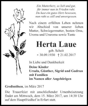 Traueranzeige von Herta Laue von Thüringer Allgemeine, Thüringische Landeszeitung