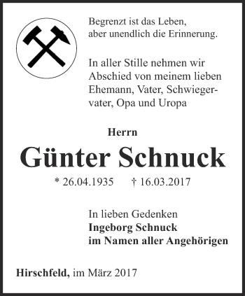 Traueranzeige von Günter Schnuck von Ostthüringer Zeitung