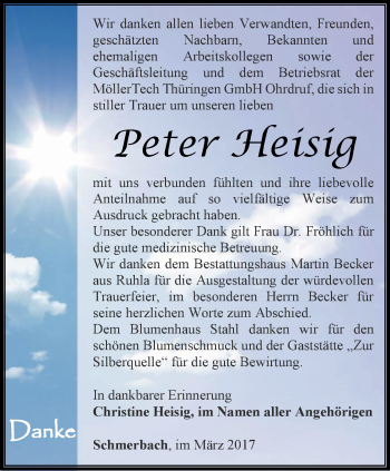 Traueranzeige von Peter Heising von Ostthüringer Zeitung, Thüringische Landeszeitung