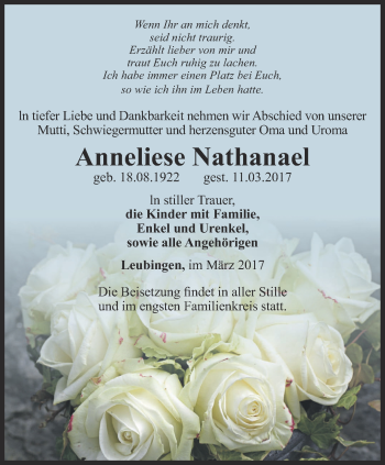 Traueranzeige von Anneliese Nathanael von Thüringer Allgemeine