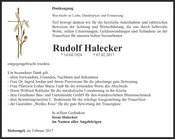 Traueranzeige von Rudolf Halecker von Thüringer Allgemeine