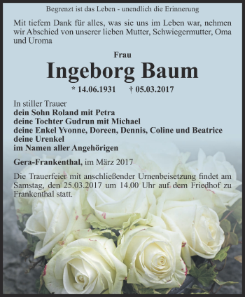 Traueranzeige von Ingeborg Baum von Ostthüringer Zeitung