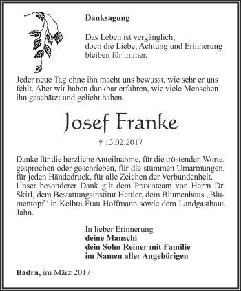 Traueranzeige von Josef Franke von Thüringer Allgemeine
