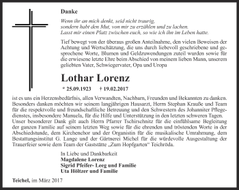 Traueranzeige von Lothar Lorenz von Ostthüringer Zeitung