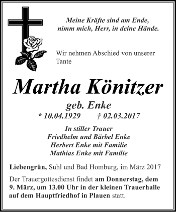 Traueranzeige von Martha Könitzer von Ostthüringer Zeitung