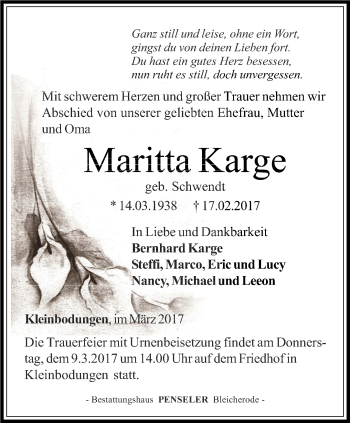 Traueranzeige von Maritta Karge von Thüringer Allgemeine