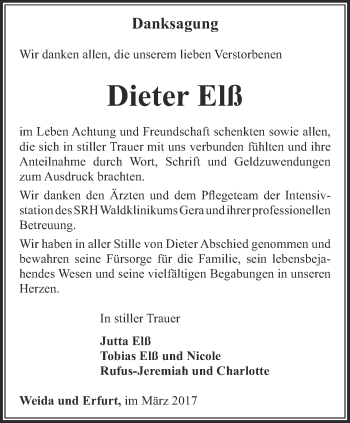 Traueranzeige von Dieter Elß von Ostthüringer Zeitung