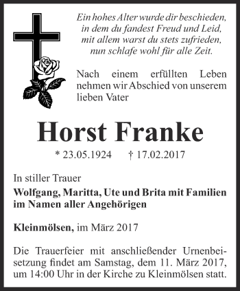 Traueranzeige von Horst Franke von Thüringer Allgemeine, Thüringische Landeszeitung