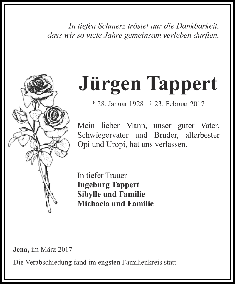  Traueranzeige für Jürgen Tappert vom 11.03.2017 aus Ostthüringer Zeitung, Thüringische Landeszeitung